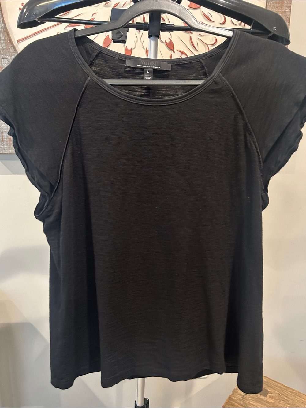 White House Black Market Black Short Sleeve Shirt Size Large Accent fluff Sleeve